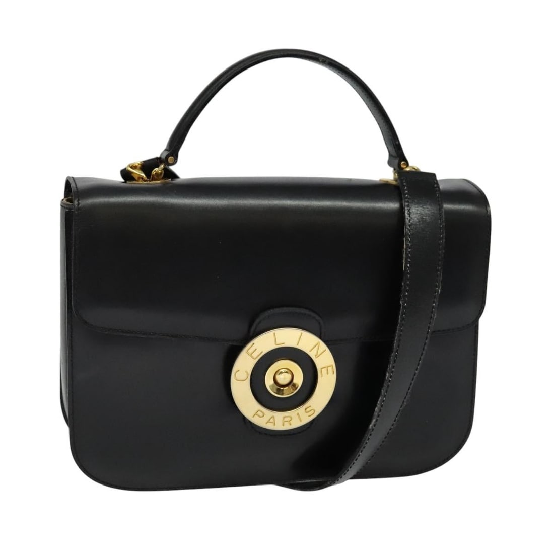 CELINE Black Leather 2way Handbag with Shoulder Strap: CELINE Black Leather 2way Handbag with Shoulder Strap Celine 2-way handbag in black leather with gold-tone accents. Made in Italy, this women's bag includes a shoulder strap and can be carried by the 