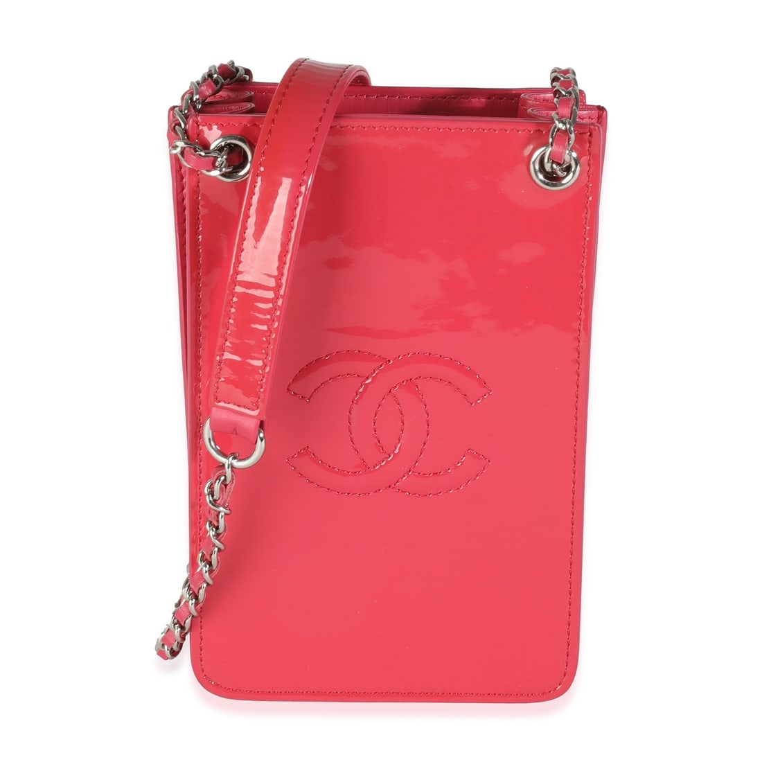 Chanel Phone Holder With Chain Pink Patent Leather Crossbody: Chanel Phone Holder With Chain Pink Patent Leather Crossbody Chanel phone holder with chain in pink patent leather. This unisex crossbody style features an open top, pink fabric lining, silver-tone ha