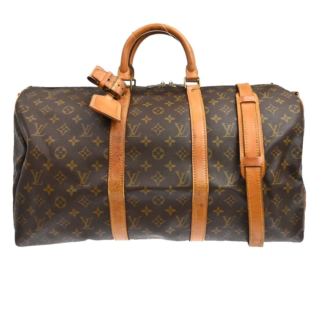 Louis Vuitton Keepall Bandouliere 50 Monogram Travel Bag M41416: Louis Vuitton Keepall Bandouliere 50 Monogram Travel Bag M41416 Vintage Louis Vuitton Keepall 50 Bandouliere travel handbag in brown Monogram canvas with leather handles and trim. This unisex bag feat