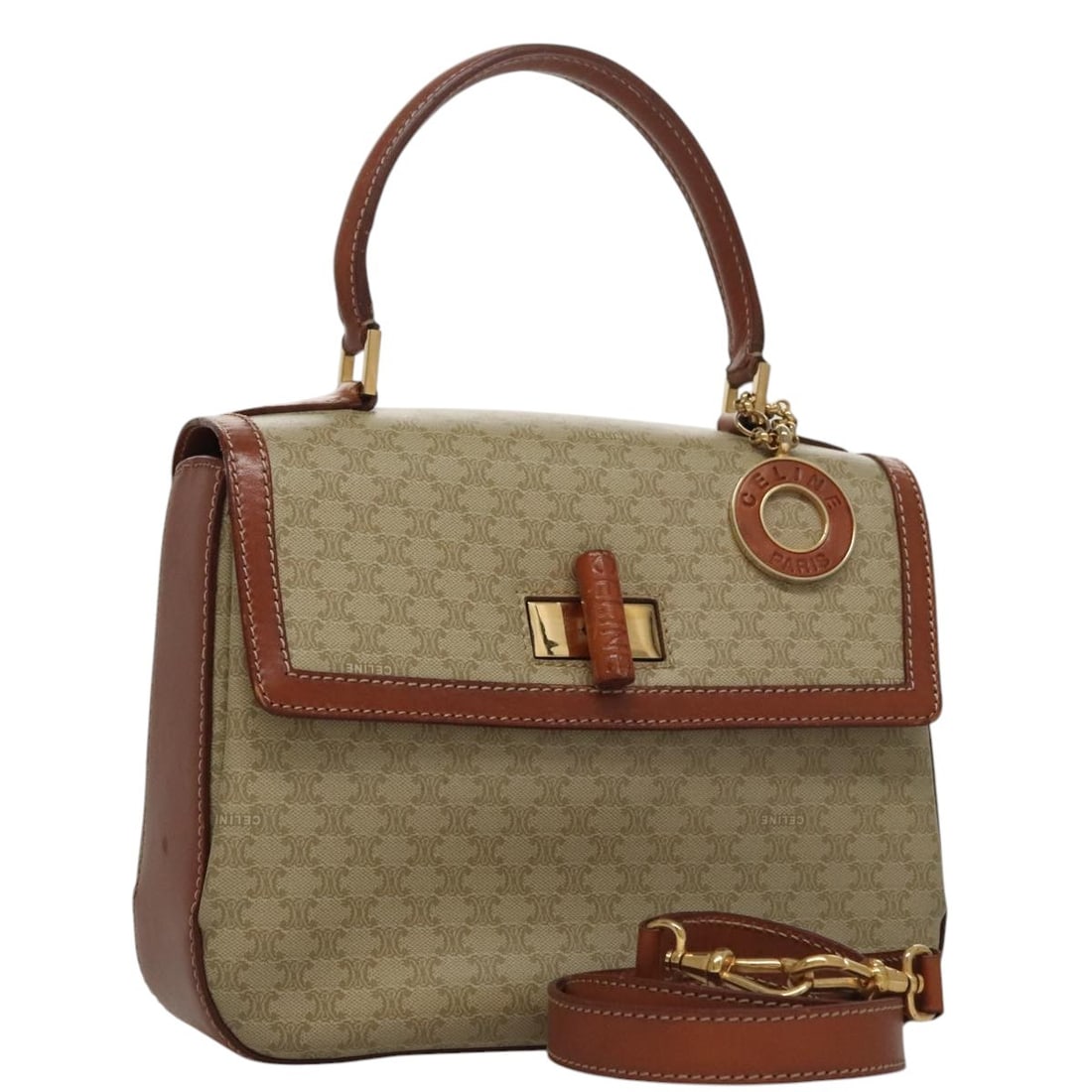 Celine Beige Macadam Canvas Shoulder and Handbag with Gold Accents: Celine Beige Macadam Canvas Shoulder and Handbag with Gold Accents This CELINE Macadam Canvas handbag in beige and gold offers versatile 2-way carrying with both a handle and a detachable shoulder str