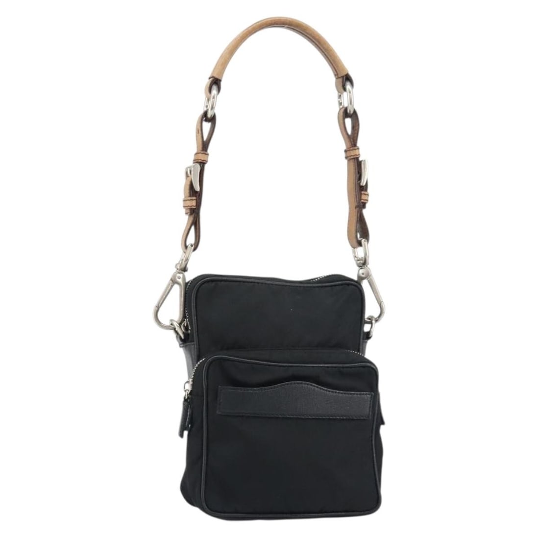 Prada Black Nylon Shoulder Bag Silver Tone Hardware: Prada Black Nylon Shoulder Bag Silver Tone Hardware Black Prada shoulder bag in nylon with silver-tone details. Made in Italy, it measures approximately 15 cm W x 20 cm H x 5 cm D, with a shoulder dro