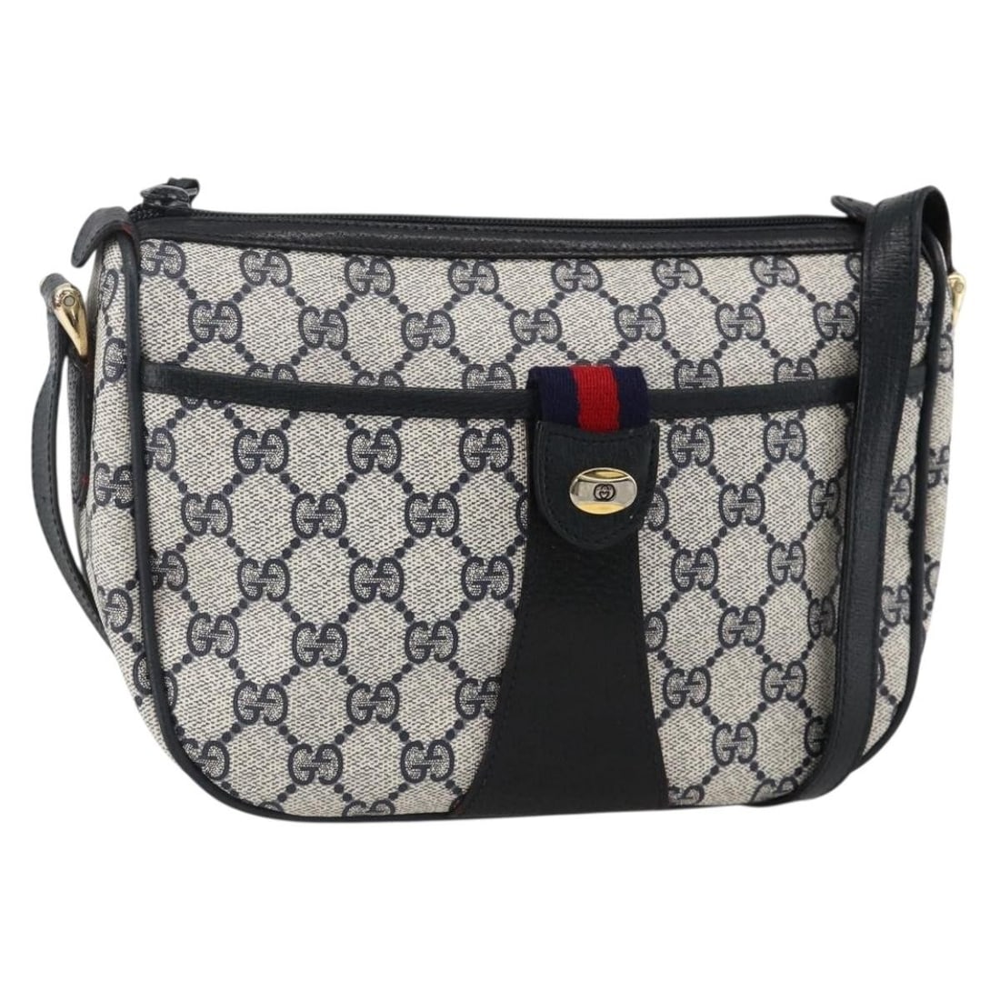 Gucci 89 02 032 GG Supreme Shoulder Bag Navy Red Gold PVC: Gucci 89 02 032 GG Supreme Shoulder Bag Navy Red Gold PVC This Gucci shoulder bag is crafted from PVC leather and GG canvas in navy, gold, and red. It was made in Italy and features a shoulder strap w