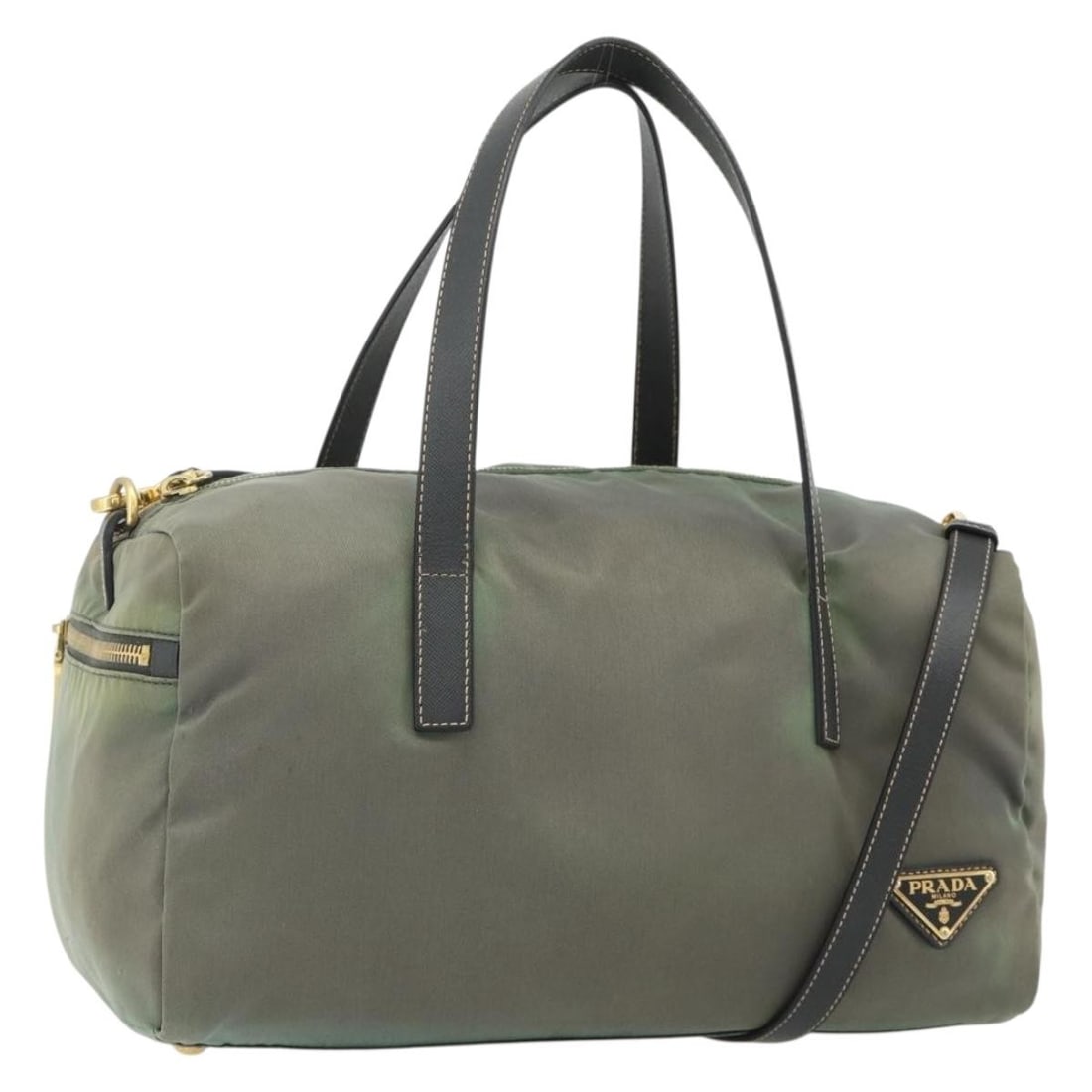 Prada green nylon 2way shoulder bag with strap and guarantee card: Prada green nylon 2way shoulder bag with strap and guarantee card This PRADA shoulder bag is crafted from durable nylon in a green and gold color combination. Designed for versatility, it features a 2