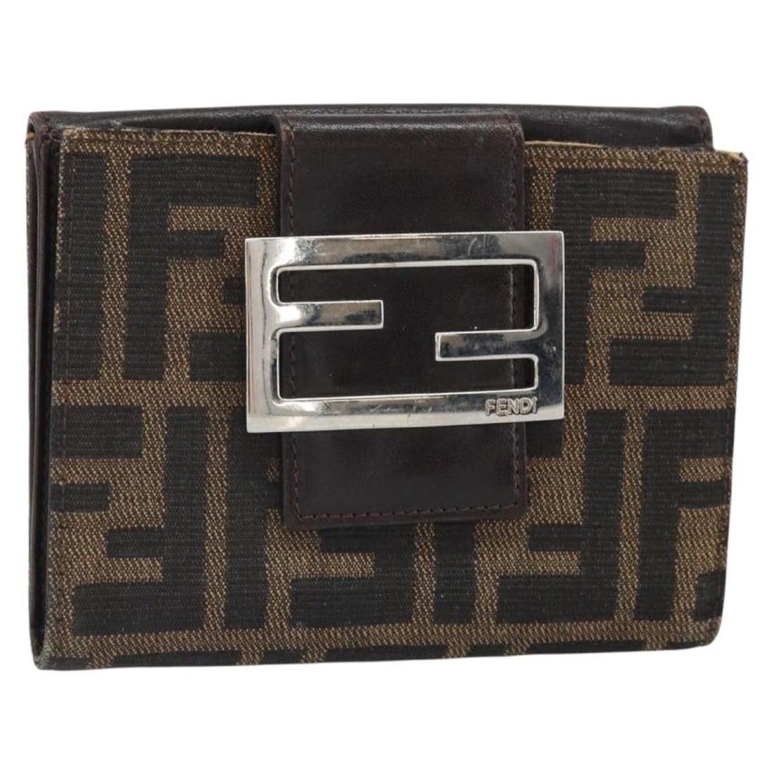 FENDI Zucca Trifold Wallet in Black Brown Canvas: FENDI Zucca Trifold Wallet in Black Brown Canvas Authentic FENDI trifold wallet in black and brown Zucca canvas. Made in Italy, this women's wallet has a compact trifold design. Condition is heavily u