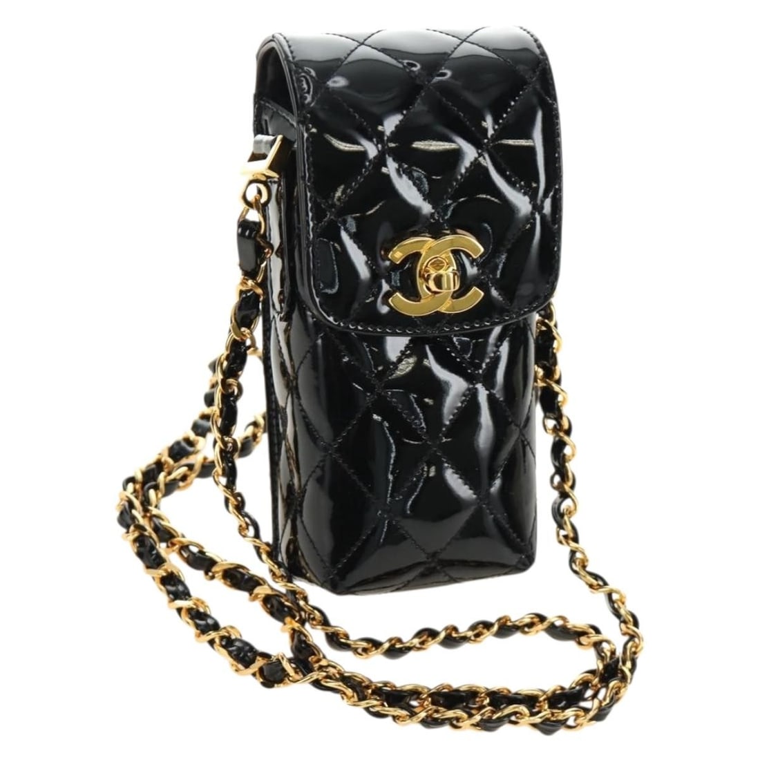 CHANEL Matelasse Patent Leather Shoulder Bag Black Gold CC: CHANEL Matelasse Patent Leather Shoulder Bag Black Gold CC CHANEL Matelasse chain shoulder bag in black patent leather with gold-tone details. This women's shoulder bag was made in Italy and comes wit