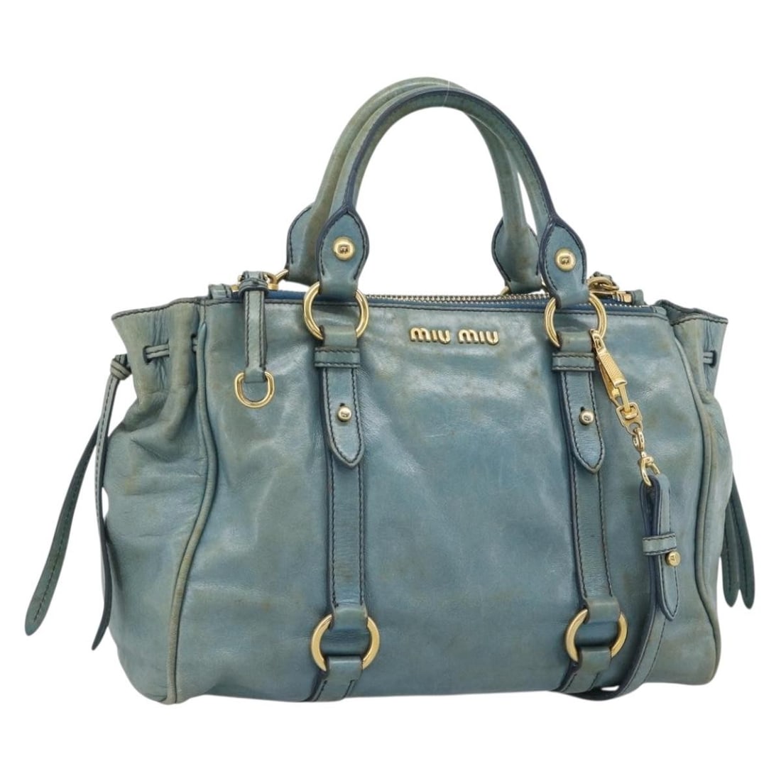 Miu Miu Leather 2way Handbag Light Blue with Gold Tone Strap: Miu Miu Leather 2way Handbag Light Blue with Gold Tone Strap A Miu Miu leather 2-way handbag in light blue with gold-tone hardware. It comes with a shoulder strap and was made in Turkey. The bag is he