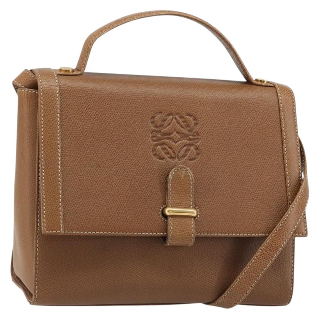 LOEWE Anagram 2way Leather Shoulder Bag Brown with Strap: LOEWE Anagram 2way Leather Shoulder Bag Brown with Strap LOEWE Anagram shoulder bag in leather, designed for women and made in Spain. It comes in brown and gold and includes a shoulder strap. The bag 