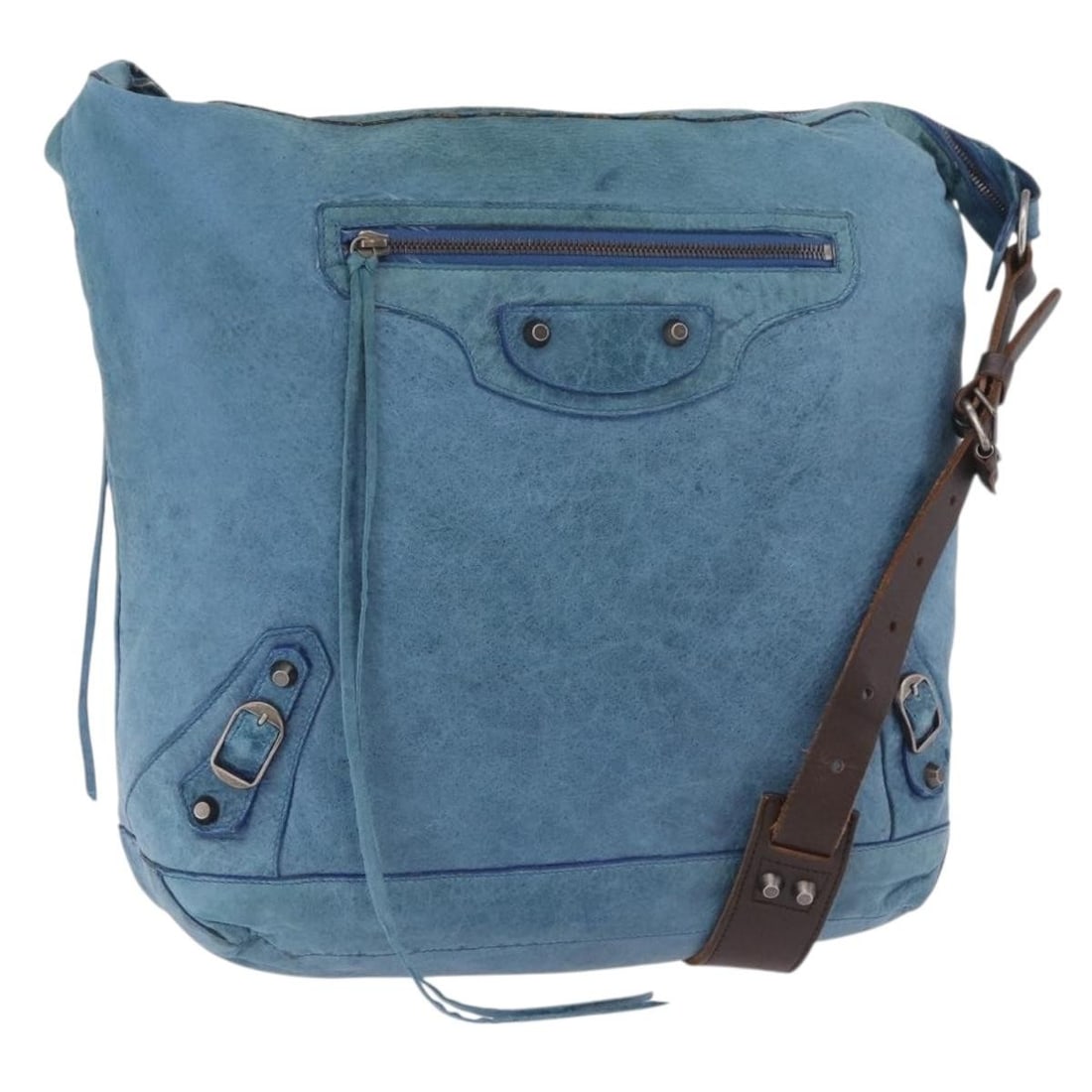 Balenciaga 141175 The Day Blue Leather Shoulder Bag Silver Tone: Balenciaga 141175 The Day Blue Leather Shoulder Bag Silver Tone Balenciaga The Day shoulder bag in blue and silver leather, made in Italy. The bag measures approximately 37 cm W x 34 cm H x 12 cm D, w