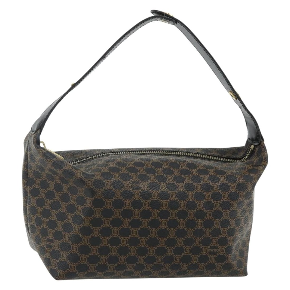 CELINE Macadam Canvas Hand Bag Black PVC Leather Gold Tone: CELINE Macadam Canvas Hand Bag Black PVC Leather Gold Tone This CELINE hand bag is made of PVC leather and Macadam canvas in black and gold. It was made in Italy and is designed for women. The bag has