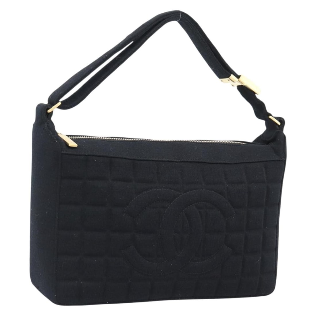Chanel Choco Bar Cotton Handbag Black Gold CC Italy: Chanel Choco Bar Cotton Handbag Black Gold CC Italy Black and gold CHANEL Choco Bar handbag made of cotton, made in Italy. It features a handle drop of approximately 12 to 24 cm and measures approxima