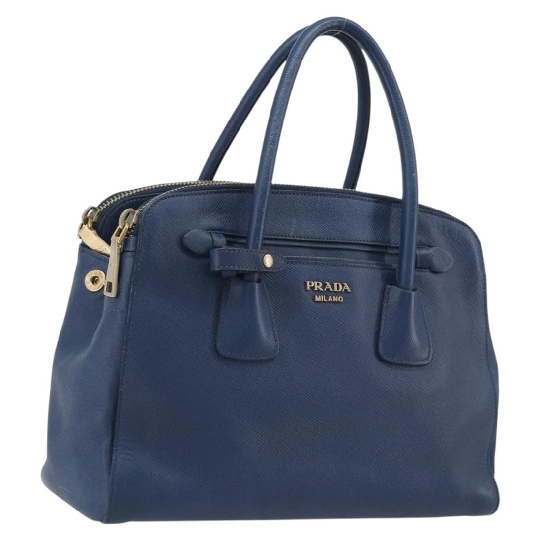 PRADA Blue Leather Hand Bag Gold Tone Hardware Italy: PRADA Blue Leather Hand Bag Gold Tone Hardware Italy Prada hand bag in leather with a blue and gold tone color scheme. It is made in Italy and is described as heavily used, with visible wear including