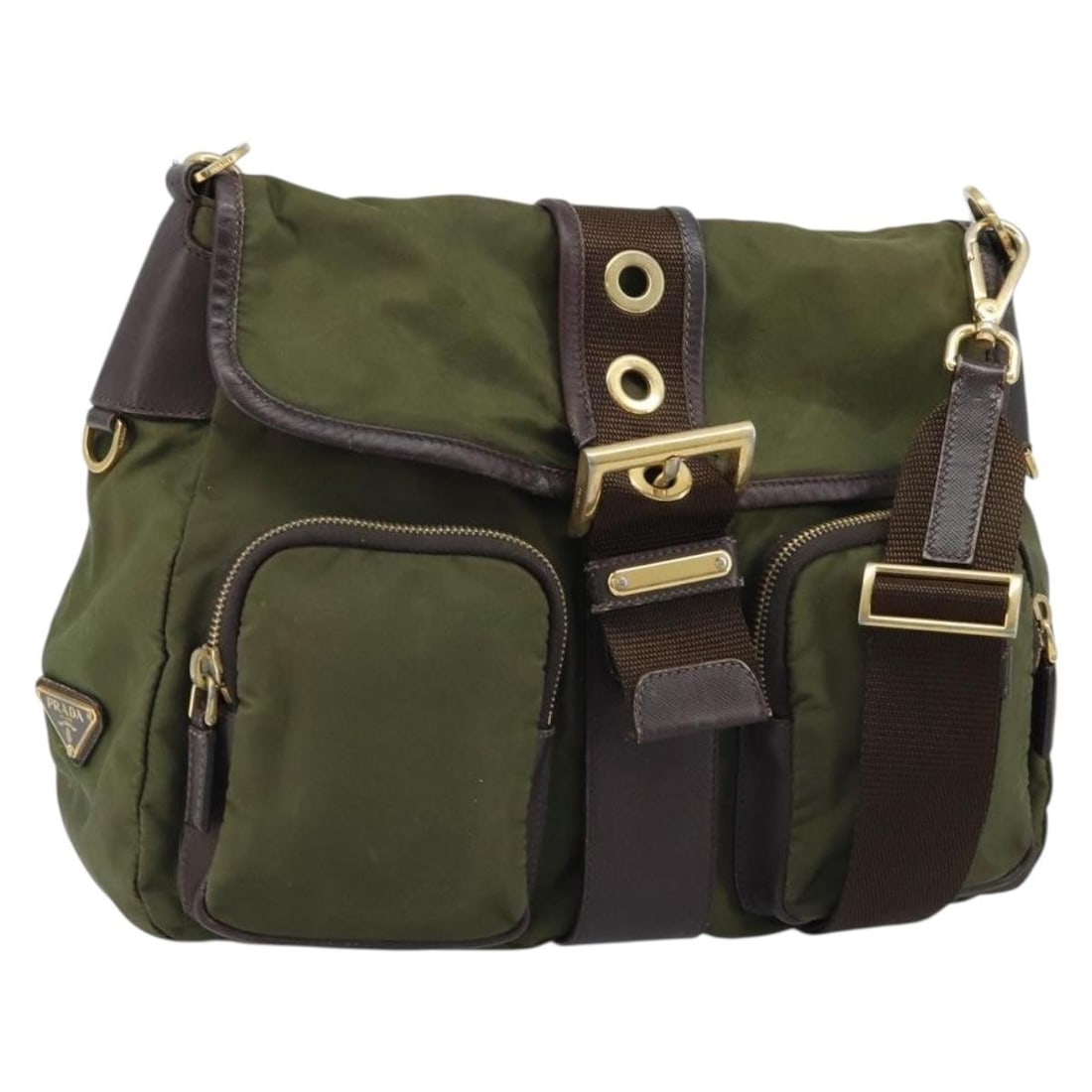PRADA Nylon Shoulder Bag Khaki Gold LNZ745: PRADA Nylon Shoulder Bag Khaki Gold LNZ745 PRADA shoulder bag in khaki and gold nylon, made in Italy. The bag measures approximately 31 cm W x 24 cm H x 11 cm D, with a shoulder drop of approximately 