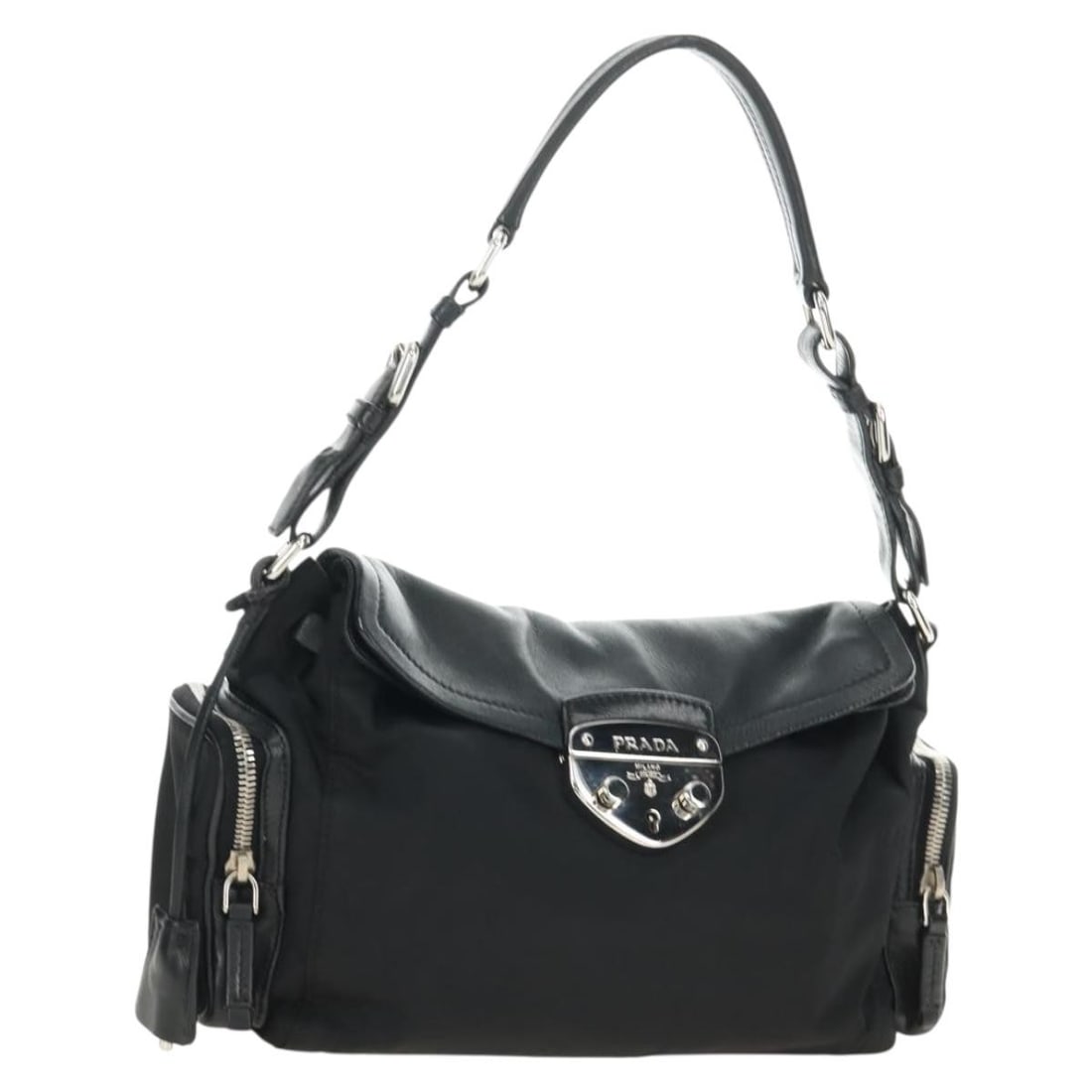 PRADA Ready Lock Nylon Handbag Black Silver with Dust Bag: PRADA Ready Lock Nylon Handbag Black Silver with Dust Bag Prada hand bag in black and silver nylon, made in Italy. This women's bag measures approximately 24 cm W x 19 cm H x 10 cm D, with a handle dr