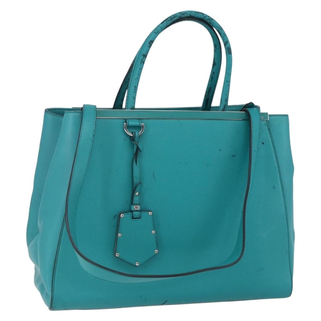 Fendi 2Jours Turquoise Blue Leather Handbag with Silver Accents and Strap: Fendi 2Jours Turquoise Blue Leather Handbag with Silver Accents and Strap This Fendi 2JOURS handbag is crafted from turquoise blue leather with silver-tone accents. Designed for women, it features bot