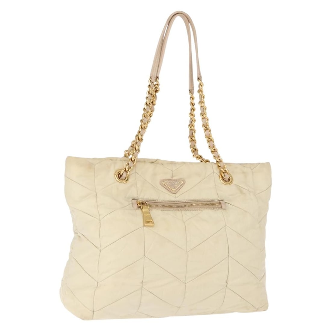 Prada Ivory Gold Nylon Tote Bag Italy 11 inch: Prada Ivory Gold Nylon Tote Bag Italy 11 inch This PRADA tote bag is crafted from ivory nylon with gold-tone accents and features a chain handle design. Made in Italy, it offers a spacious interior wi