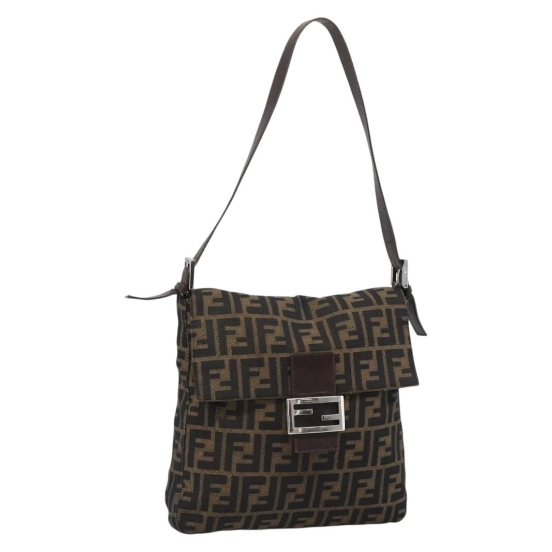 FENDI Mamma Baguette Shoulder Bag in Black Brown Zucca Canvas: FENDI Mamma Baguette Shoulder Bag in Black Brown Zucca Canvas This Fendi Mamma Baguette shoulder bag is crafted from Zucca canvas in black and brown. Made in Italy, it features a shoulder strap with a