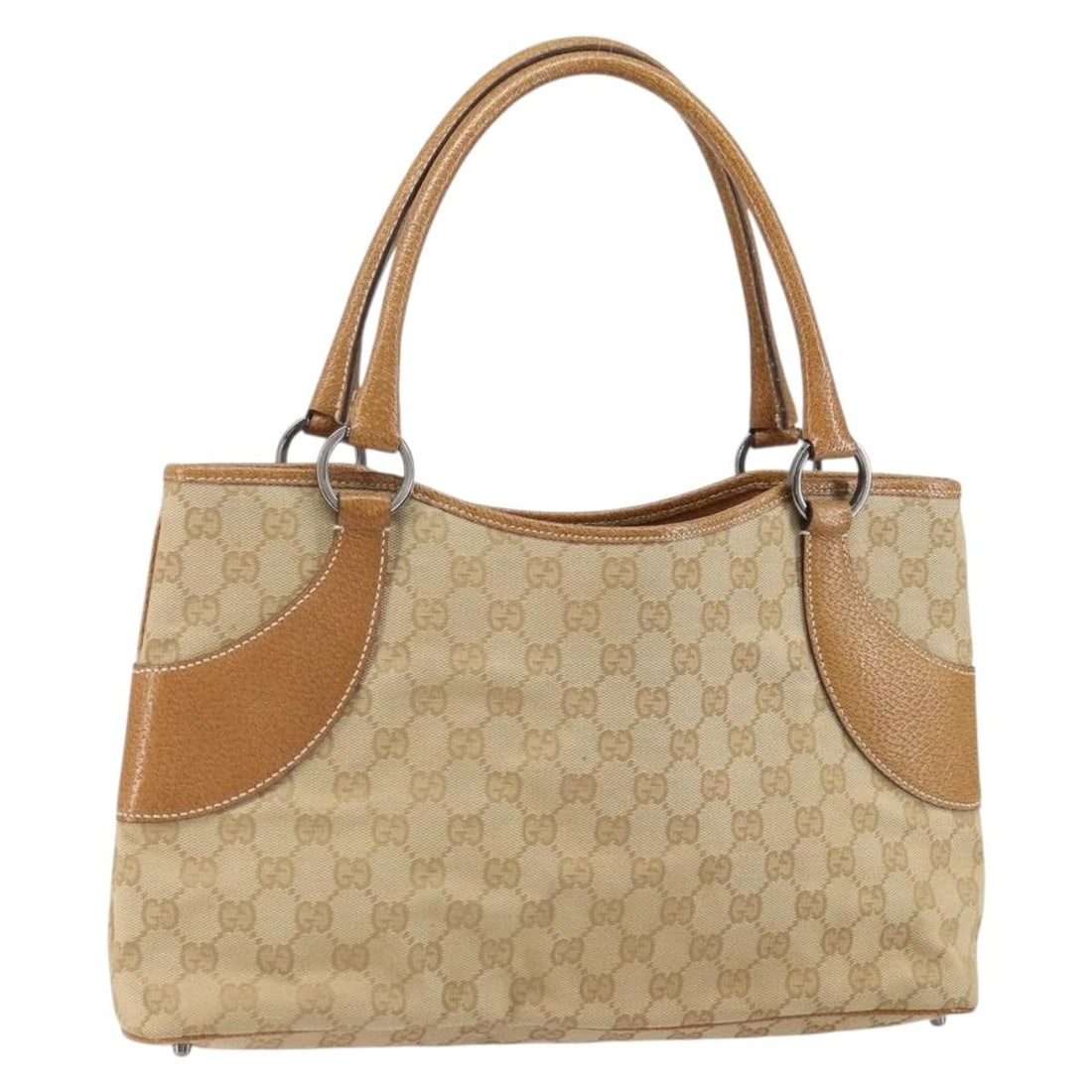 Gucci 113015 Beige Silver GG Canvas Women's Handbag: Gucci 113015 Beige Silver GG Canvas Women's Handbag This Gucci hand bag is crafted in GG Canvas with a beige and silver exterior. Made in Italy, it features a structured size of approximately 35 cm wi