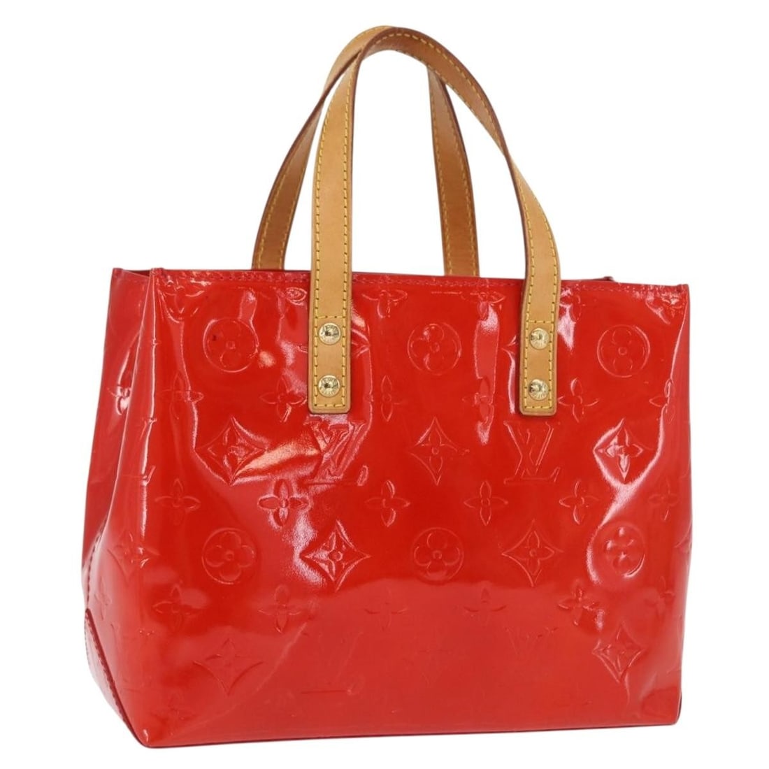 Red Vernis Reade PM Patent Leather Handbag by Louis Vuitton M91088: Red Vernis Reade PM Patent Leather Handbag by Louis Vuitton M91088 This Louis Vuitton Monogram Vernis Reade PM handbag features a striking red (rouge) patent leather exterior. The compact, structured 