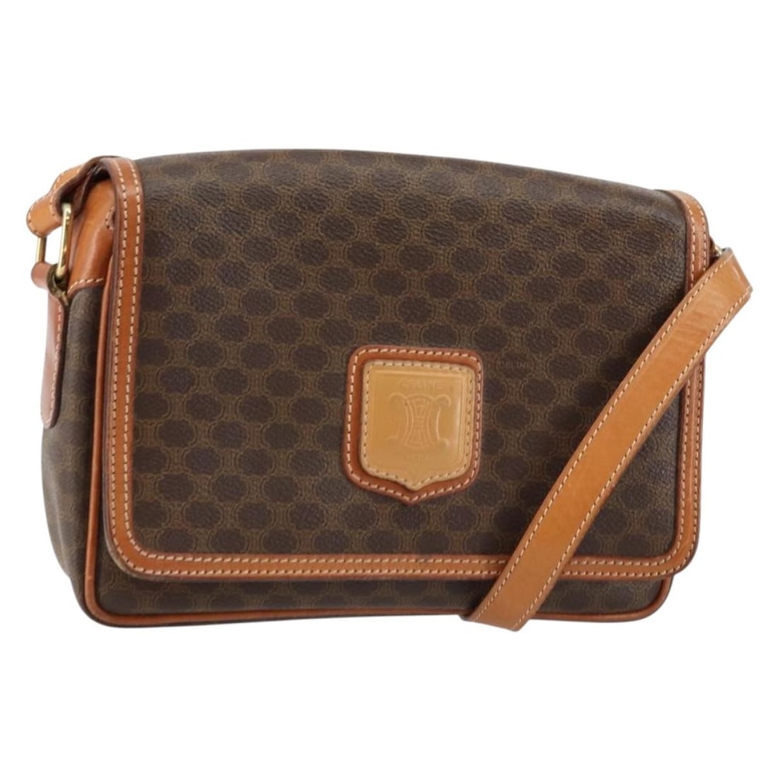CELINE Macadam Canvas Shoulder Bag PVC Leather Brown Gold Made in Italy: CELINE Macadam Canvas Shoulder Bag PVC Leather Brown Gold Made in Italy This CELINE Macadam Canvas Shoulder Bag combines elegance with practicality. Crafted in Italy, this stylish shoulder bag feature
