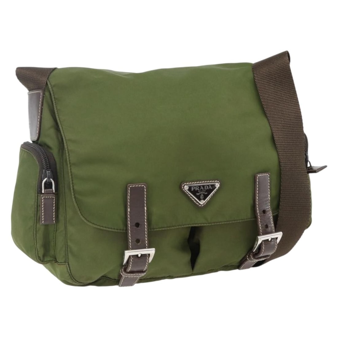 PRADA Nylon Shoulder Bag in Silver Khaki for Women: PRADA Nylon Shoulder Bag in Silver Khaki for Women Prada shoulder bag in nylon with a silver and khaki exterior. Made in Italy, this women's bag measures approximately 26 cm W x 21 cm H x 10 cm D, wit