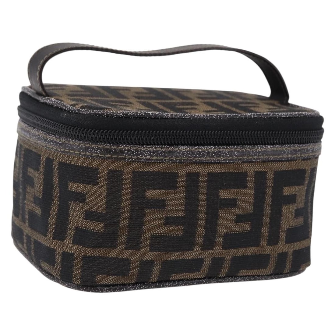 Fendi Zucca Canvas Cosmetic Pouch Brown Gold Tone Vanity Case: Fendi Zucca Canvas Cosmetic Pouch Brown Gold Tone Vanity Case Fendi Zucca canvas vanity cosmetic pouch in brown with gold-tone accents. The pouch is heavily used and shows visible wear, including rubb