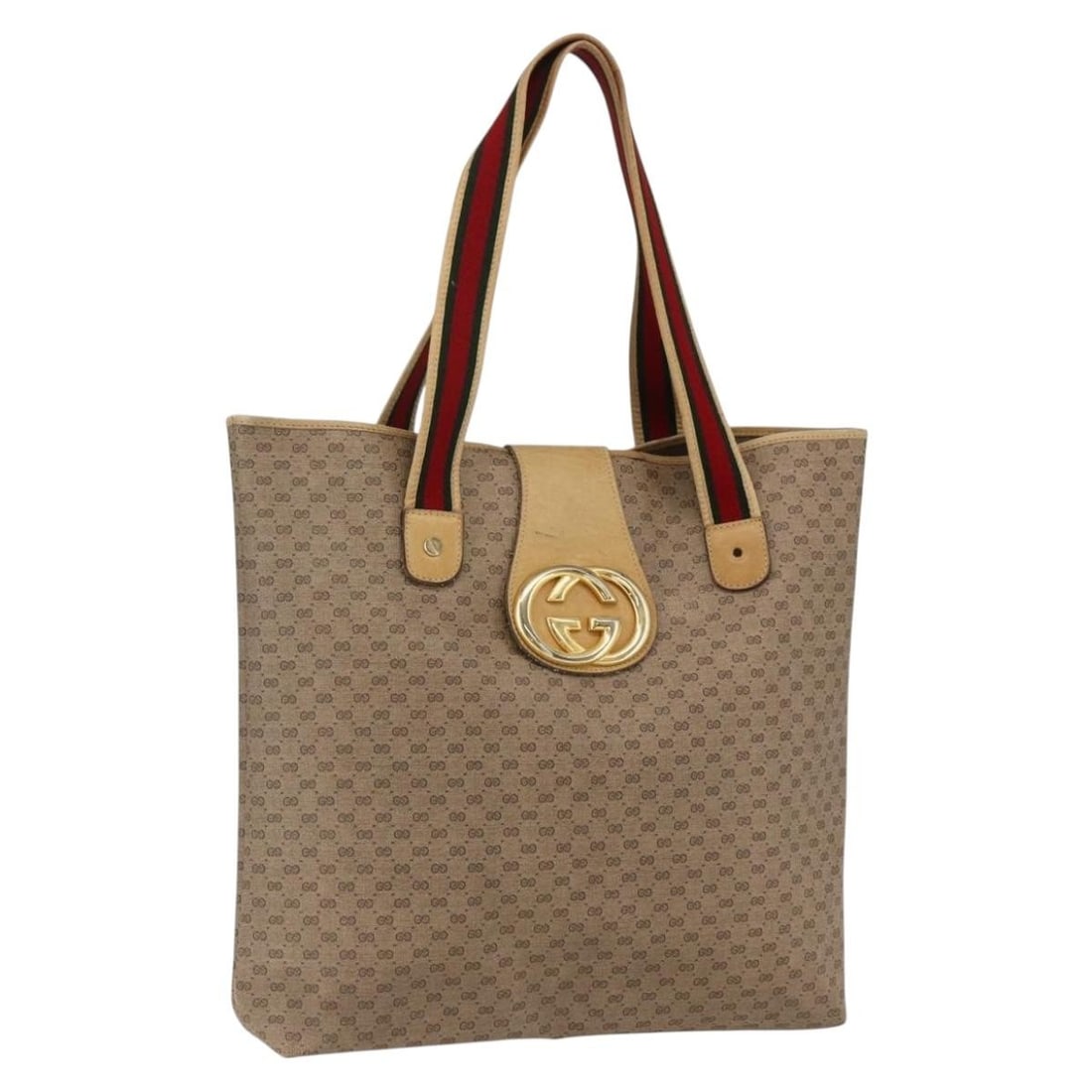 Gucci Micro GG Supreme Sherry Line Beige PVC Tote with Web Detail: Gucci Micro GG Supreme Sherry Line Beige PVC Tote with Web Detail This is a GUCCI Micro GG Supreme Web Sherry Line tote bag featuring beige, gold, and red PVC leather with Micro Small GG canvas detail