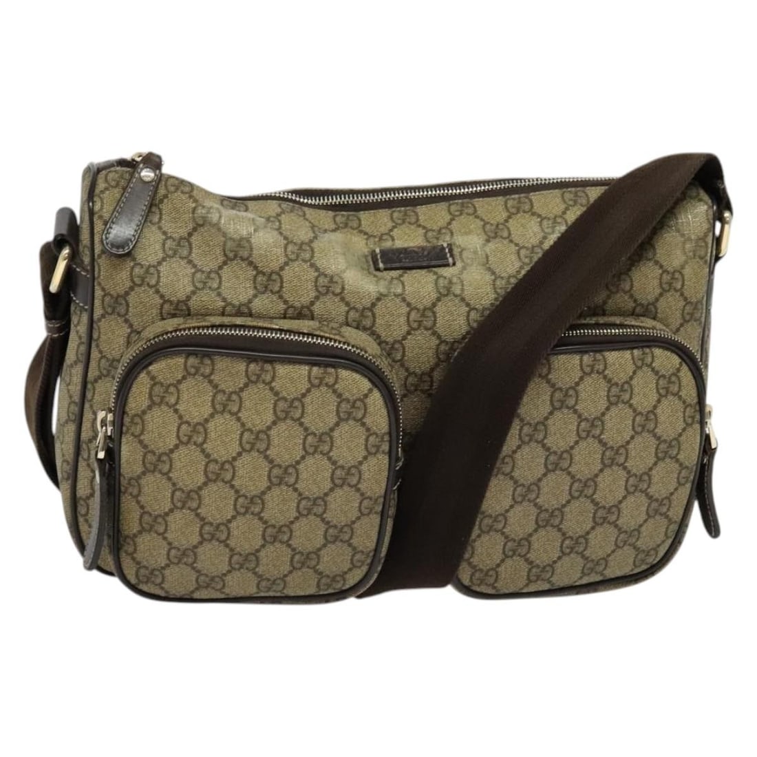 Gucci Beige Gold GG Supreme PVC Shoulder Bag 246881: Gucci Beige Gold GG Supreme PVC Shoulder Bag 246881 This Gucci GG Supreme shoulder bag is crafted in Italy from PVC leather and GG canvas in beige and gold tones. The bag features a spacious compartme