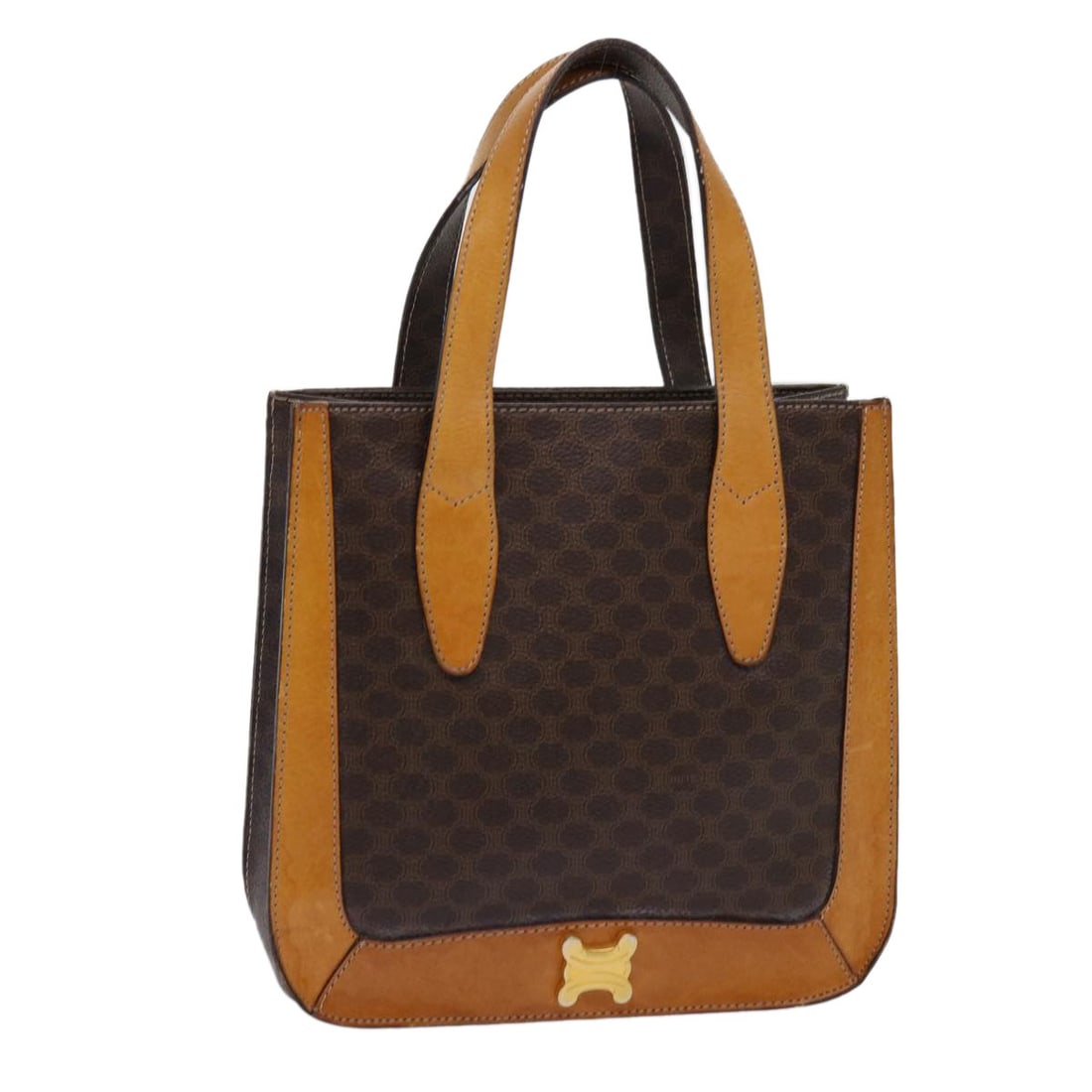 CELINE Macadam PVC Leather Brown Handbag Made in Italy: CELINE Macadam PVC Leather Brown Handbag Made in Italy Celine Macadam canvas hand bag in brown with PVC leather trim, made in Italy. This women's bag is a heavily used authentic piece with visible wea