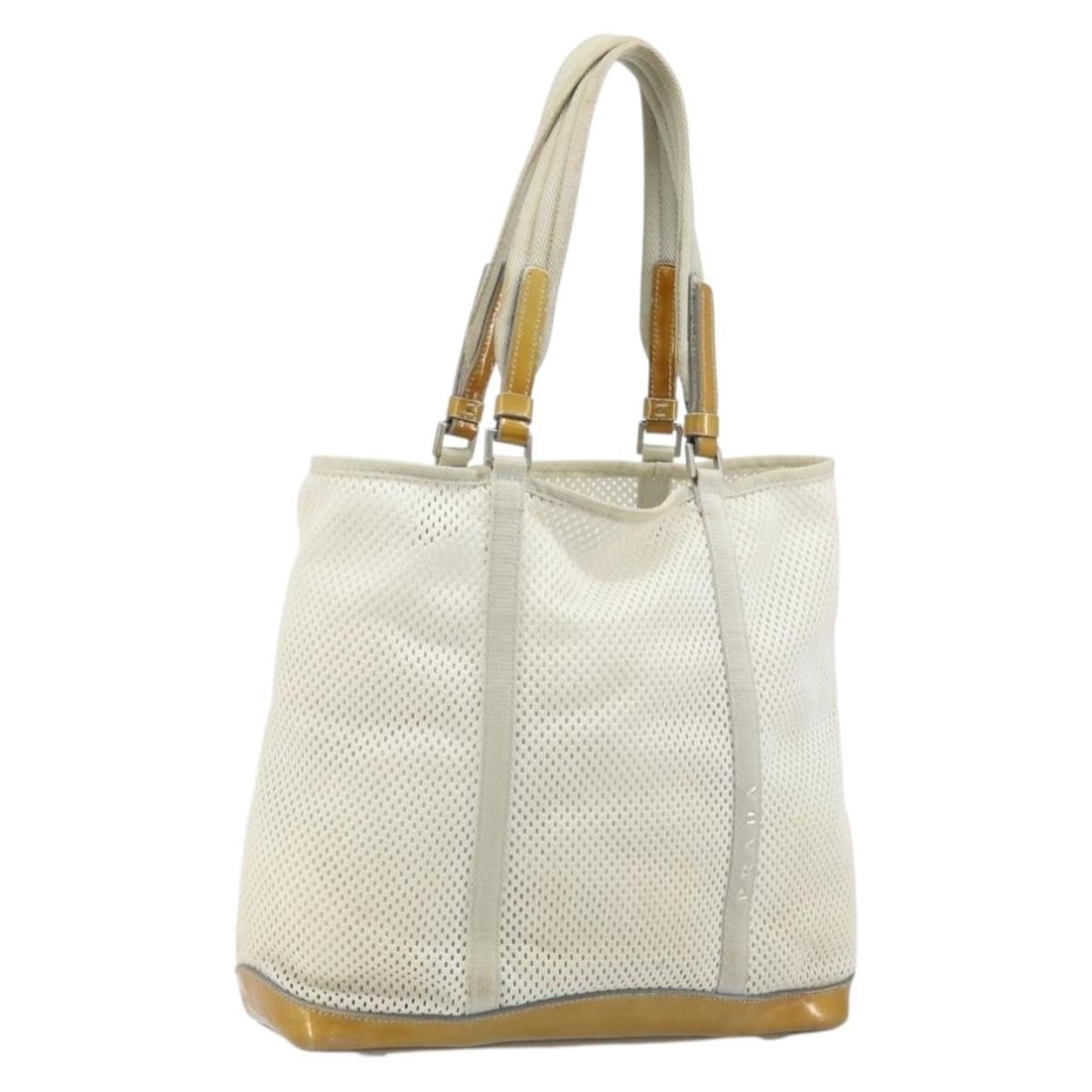 Prada white silver canvas tote handbag Italy 11 inch: Prada white silver canvas tote handbag Italy 11 inch This PRADA handbag is crafted from white and silver canvas, offering a stylish and versatile accessory for everyday use. Made in Italy, it features