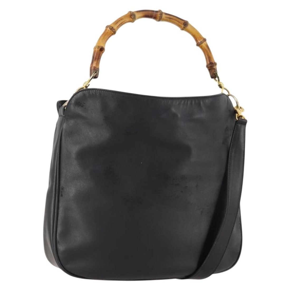 Black Leather Bamboo Shoulder Bag by Gucci with Gold Accents 001 1781 1638: Black Leather Bamboo Shoulder Bag by Gucci with Gold Accents 001 1781 1638 This GUCCI Bamboo shoulder bag is crafted from black leather with gold-tone accents. Designed for women, it offers versatile 