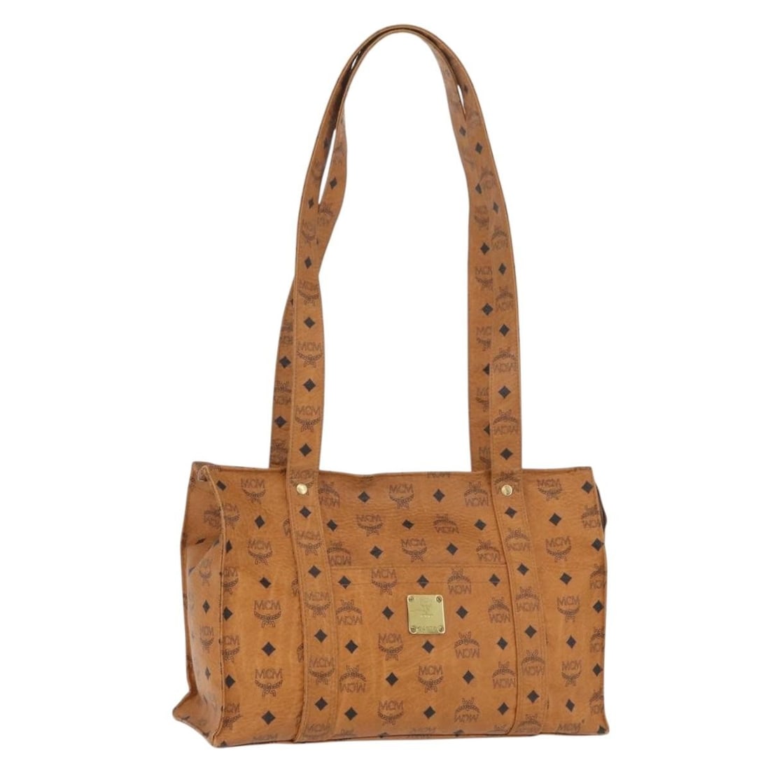 MCM Logogram Brown PVC Leather Tote Bag Gold Accents Germany: MCM Logogram Brown PVC Leather Tote Bag Gold Accents Germany This MCM tote bag features the Vicetos logogram design in brown and gold PVC leather. Designed for women, it offers ample space for daily e