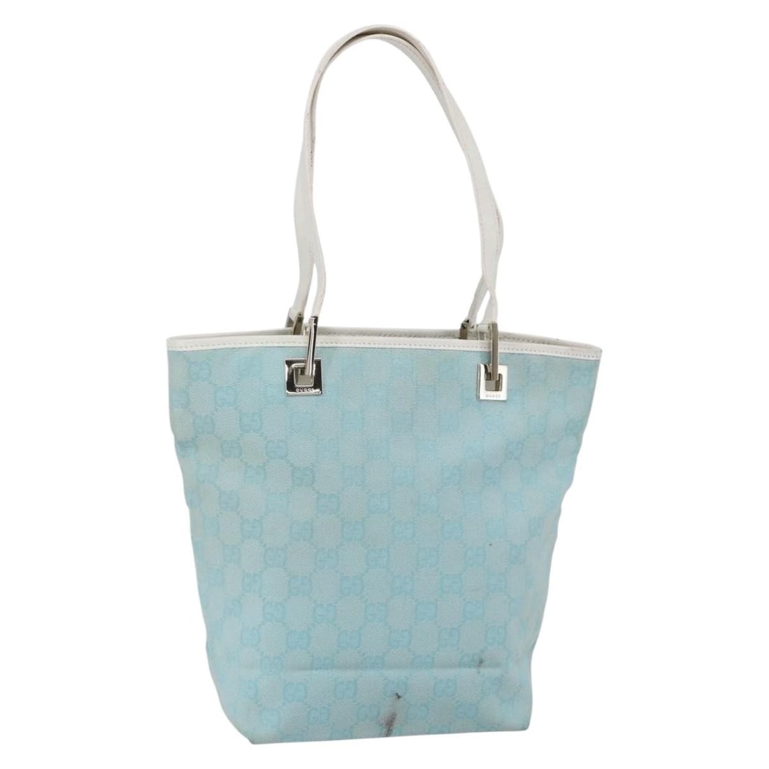 GUCCI Light Blue Gold GG Canvas Tote Bag 002 1099 Auth: GUCCI Light Blue Gold GG Canvas Tote Bag 002 1099 Auth This authentic GUCCI GG Canvas Tote Bag is a stylish accessory crafted in Italy. Featuring a light blue and gold color scheme, this tote is made 