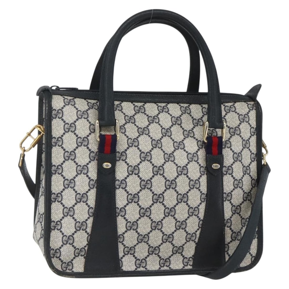 Gucci 58 02 039 GG Supreme Sherry 2way PVC Handbag Navy Red: Gucci 58 02 039 GG Supreme Sherry 2way PVC Handbag Navy Red GUCCI GG Supreme Sherry Line hand bag in navy, gold, and red, made in Italy from PVC leather and GG canvas. It comes with a shoulder strap a
