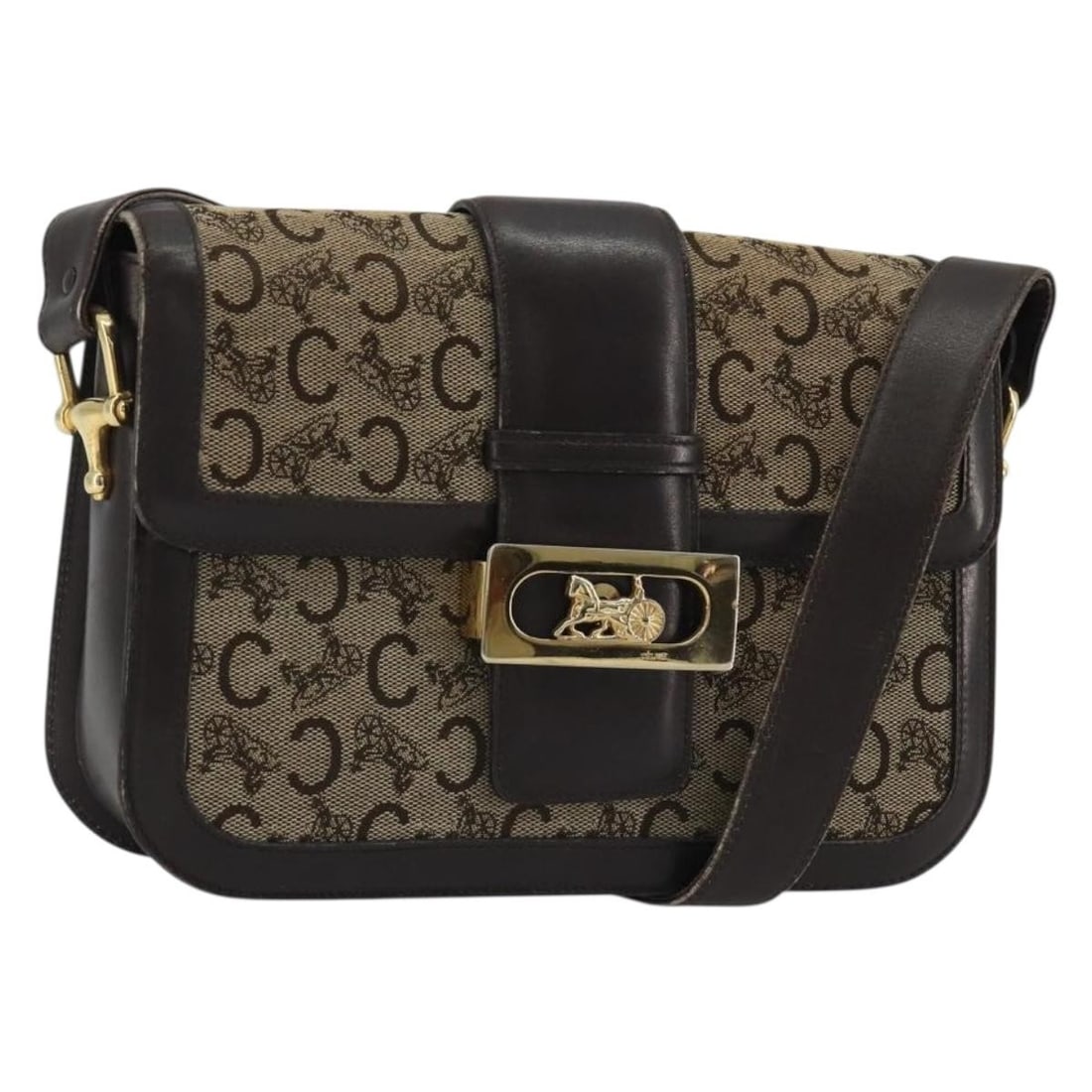 Celine Sulky Horse Carriage Canvas Shoulder Bag Beige Gold Tone: Celine Sulky Horse Carriage Canvas Shoulder Bag Beige Gold Tone A CELINE Sulky Horse Carriage shoulder bag in beige and gold canvas, made in Italy. It features a shoulder bag style with approximate di