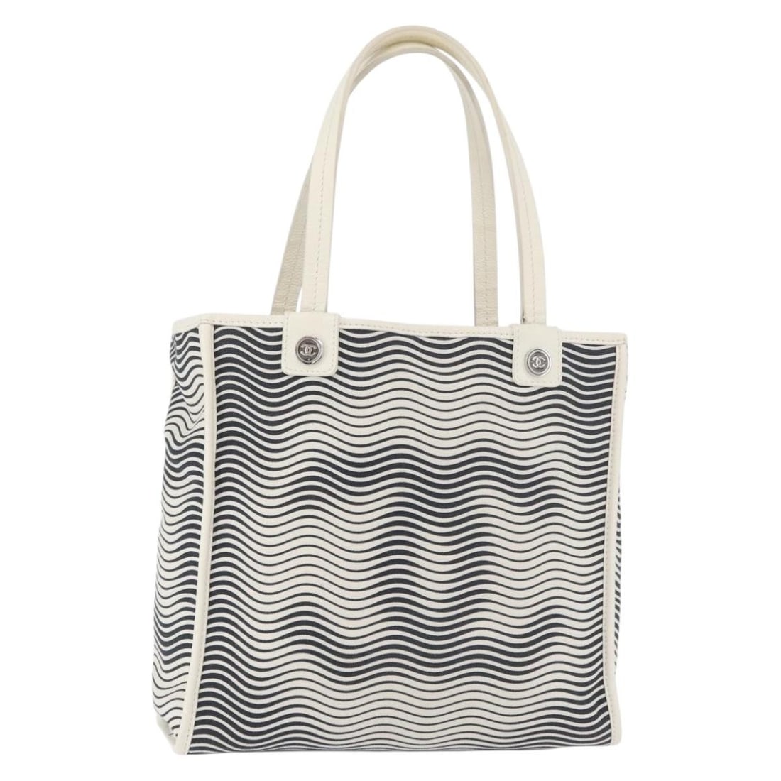 CHANEL White Silver Canvas Tote Bag for Women: CHANEL White Silver Canvas Tote Bag for Women A CHANEL tote bag crafted in canvas with a white and silver colorway. Made in Italy, it features a structured tote style with a 20 cm handle drop and come