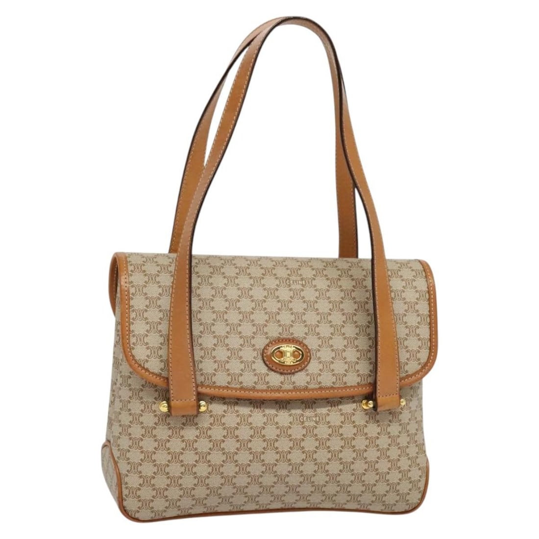 CELINE Macadam Canvas PVC Leather Handbag Beige Gold Tone: CELINE Macadam Canvas PVC Leather Handbag Beige Gold Tone CELINE Macadam Canvas hand bag in beige and gold, made in Italy from PVC leather and Macadam canvas. It features a handle drop of approximatel