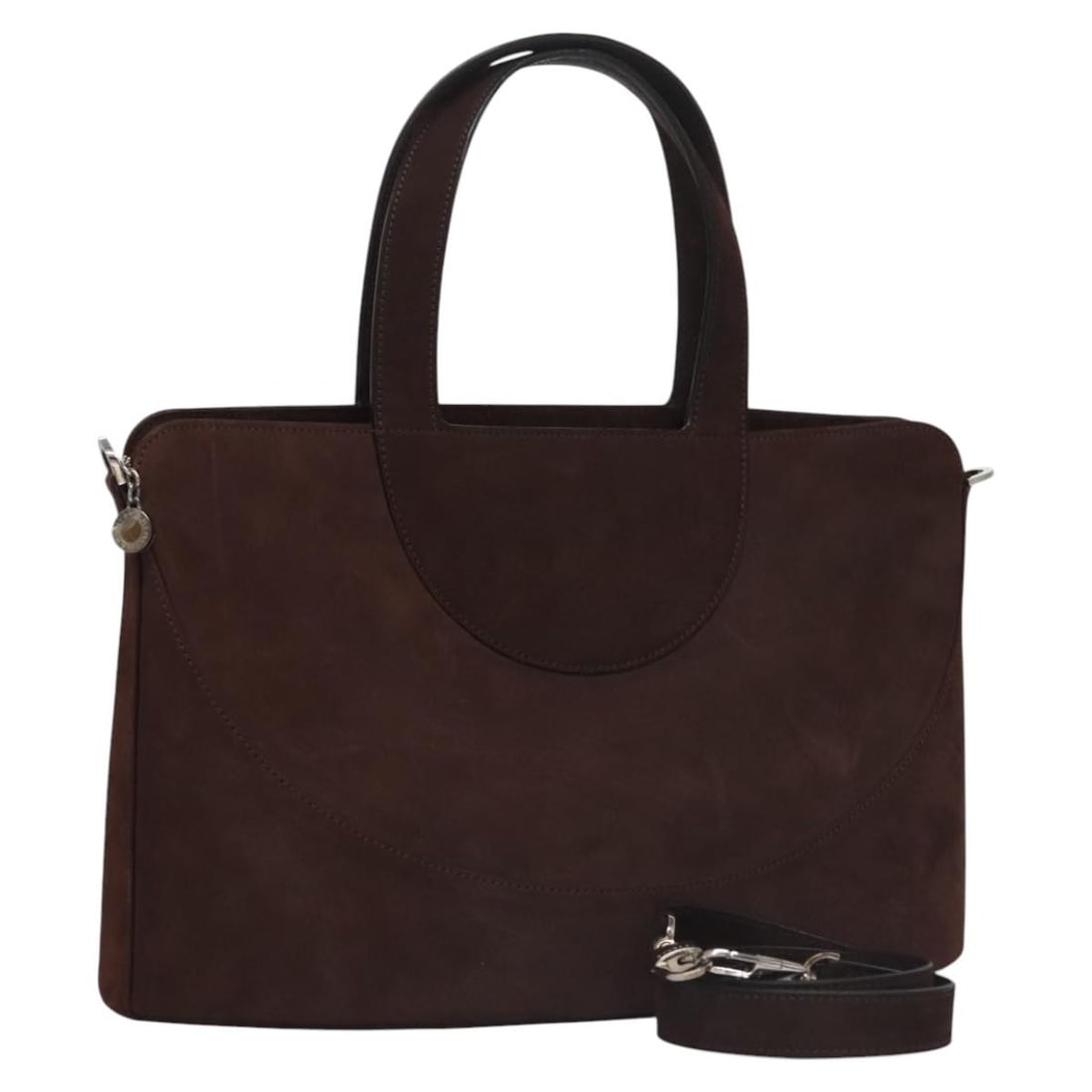 BVLGARI Brown Suede Convertible Handbag with Silver Accents and Shoulder Strap: BVLGARI Brown Suede Convertible Handbag with Silver Accents and Shoulder Strap This BVLGARI handbag is crafted from brown suede with silver accents and offers versatile 2-way carrying options as a han