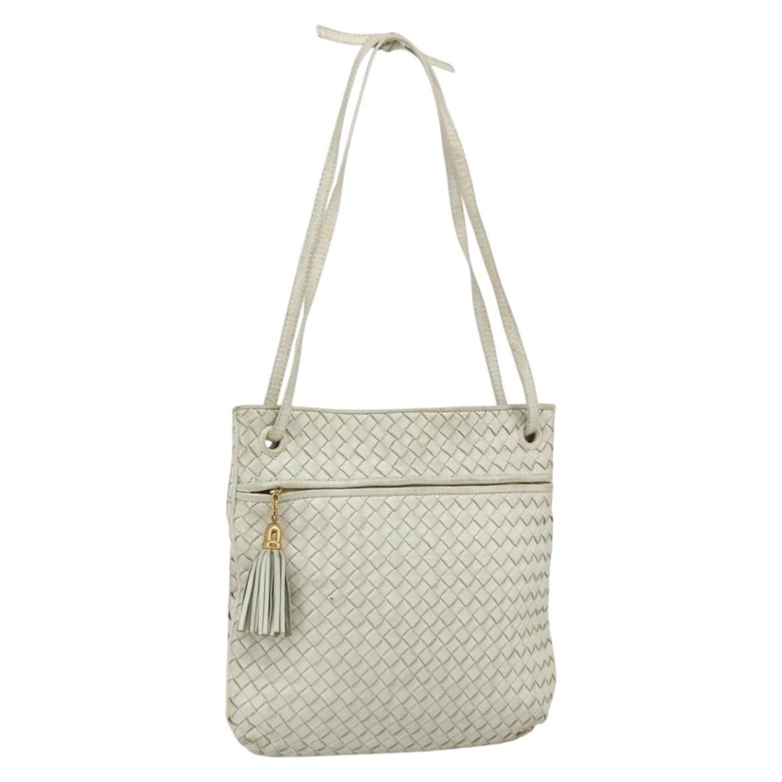 Bottega Veneta White Gold Intrecciato Leather Shoulder Bag: Bottega Veneta White Gold Intrecciato Leather Shoulder Bag This Bottega Veneta Intrecciato shoulder bag is crafted from white and gold leather, offering a sophisticated look. Made in Italy, it feature