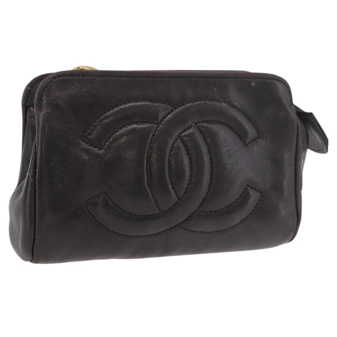 CHANEL Coco Mark Leather Pouch Black Gold with Box Card: CHANEL Coco Mark Leather Pouch Black Gold with Box Card Chanel COCO Mark pouch in black and gold leather, made in France. It comes with the item box and guarantee card. The pouch shows heavy use, with