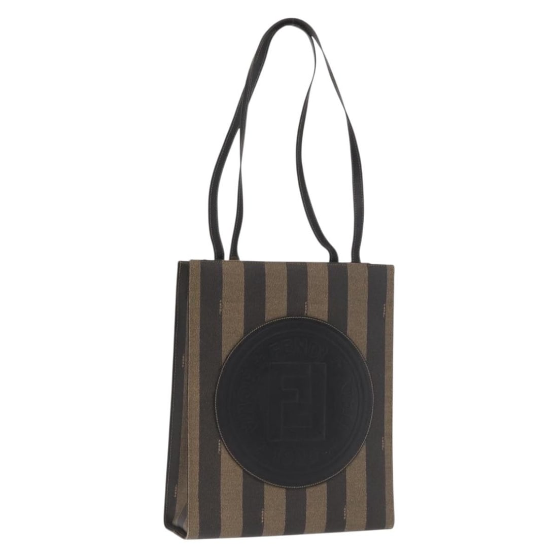 Fendi Pequin Canvas and PVC Brown Black Italian Tote Handbag: Fendi Pequin Canvas and PVC Brown Black Italian Tote Handbag This FENDI tote bag features the brand's signature Pequin canvas with PVC leather accents in a brown and black color scheme. Designed for w