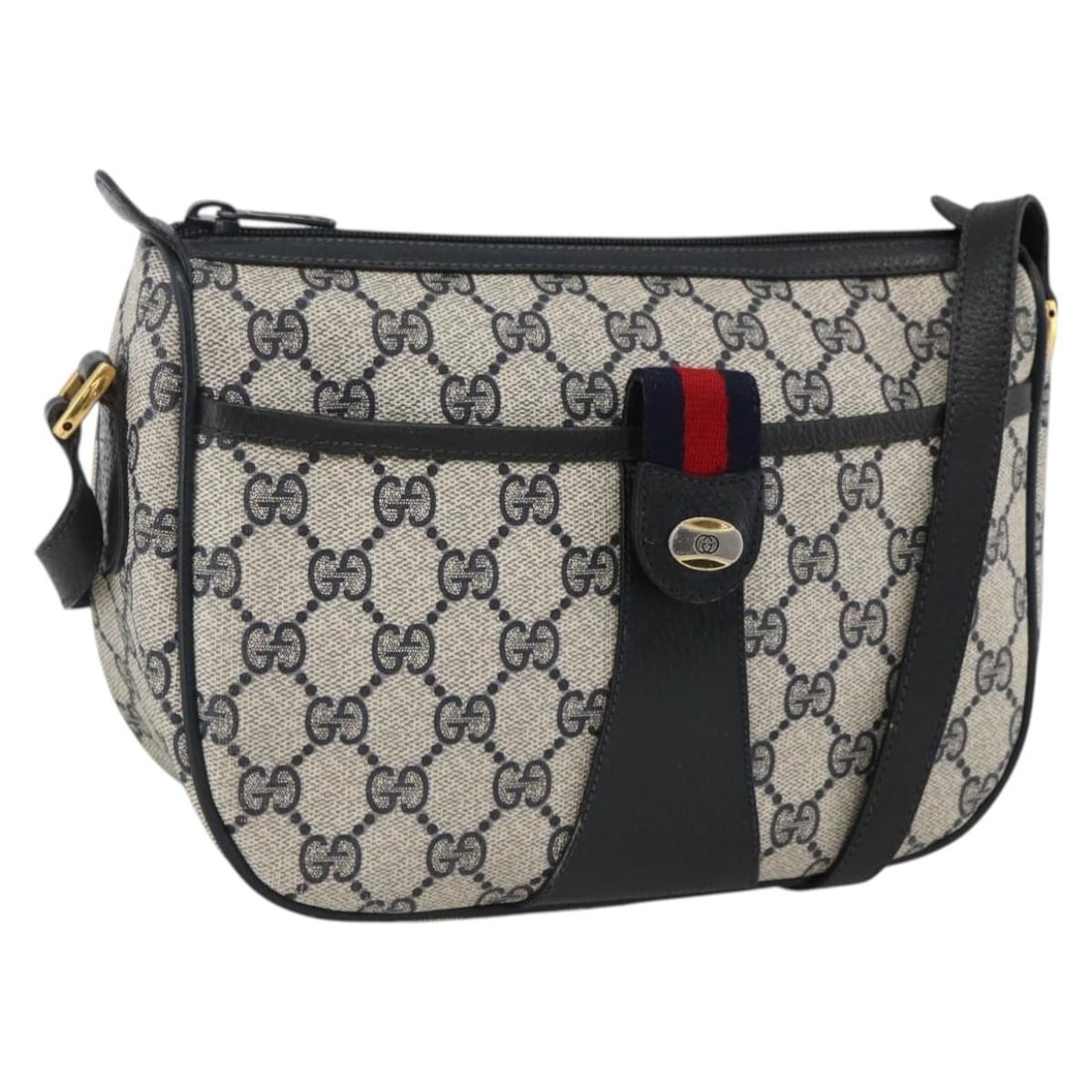 Gucci Sherry Line GG Supreme PVC Shoulder Bag Navy Gold Dust Bag: Gucci Sherry Line GG Supreme PVC Shoulder Bag Navy Gold Dust Bag A Gucci GG Supreme Sherry Line shoulder bag in navy and gold, made from PVC leather and GG canvas. It comes with a dust bag and was mad