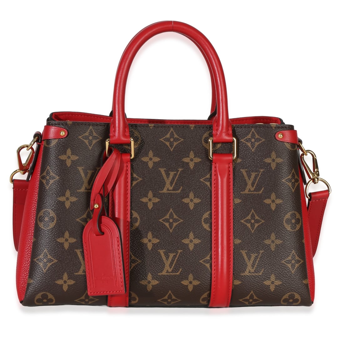 Louis Vuitton Soufflot BB Cherry Monogram Canvas Handbag: Louis Vuitton Soufflot BB Cherry Monogram Canvas Handbag This Louis Vuitton Soufflot BB features the iconic Monogram canvas in a brown and red color scheme, complemented by gold-tone hardware. Designe