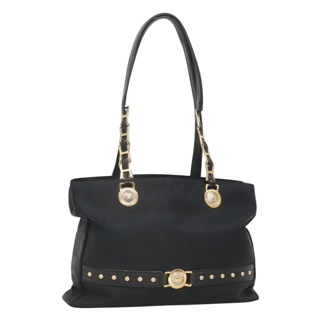 Gianni Versace Black Gold Nylon Tote Bag Italy: Gianni Versace Black Gold Nylon Tote Bag Italy This Gianni Versace tote bag features a black and gold nylon exterior, offering a spacious and functional design. The bag is crafted in Italy and is desi