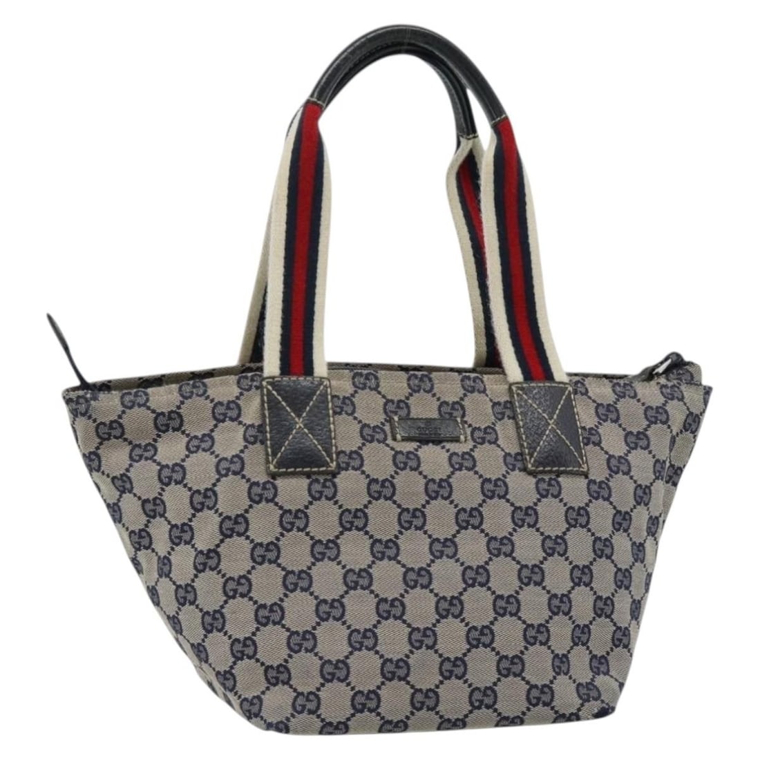 Gucci Navy Silver GG Canvas Handbag 131228: Gucci Navy Silver GG Canvas Handbag 131228 This GUCCI GG Canvas Sherry Line hand bag features a distinctive navy and silver color scheme and is crafted from the brand's signature GG canvas. Designed f