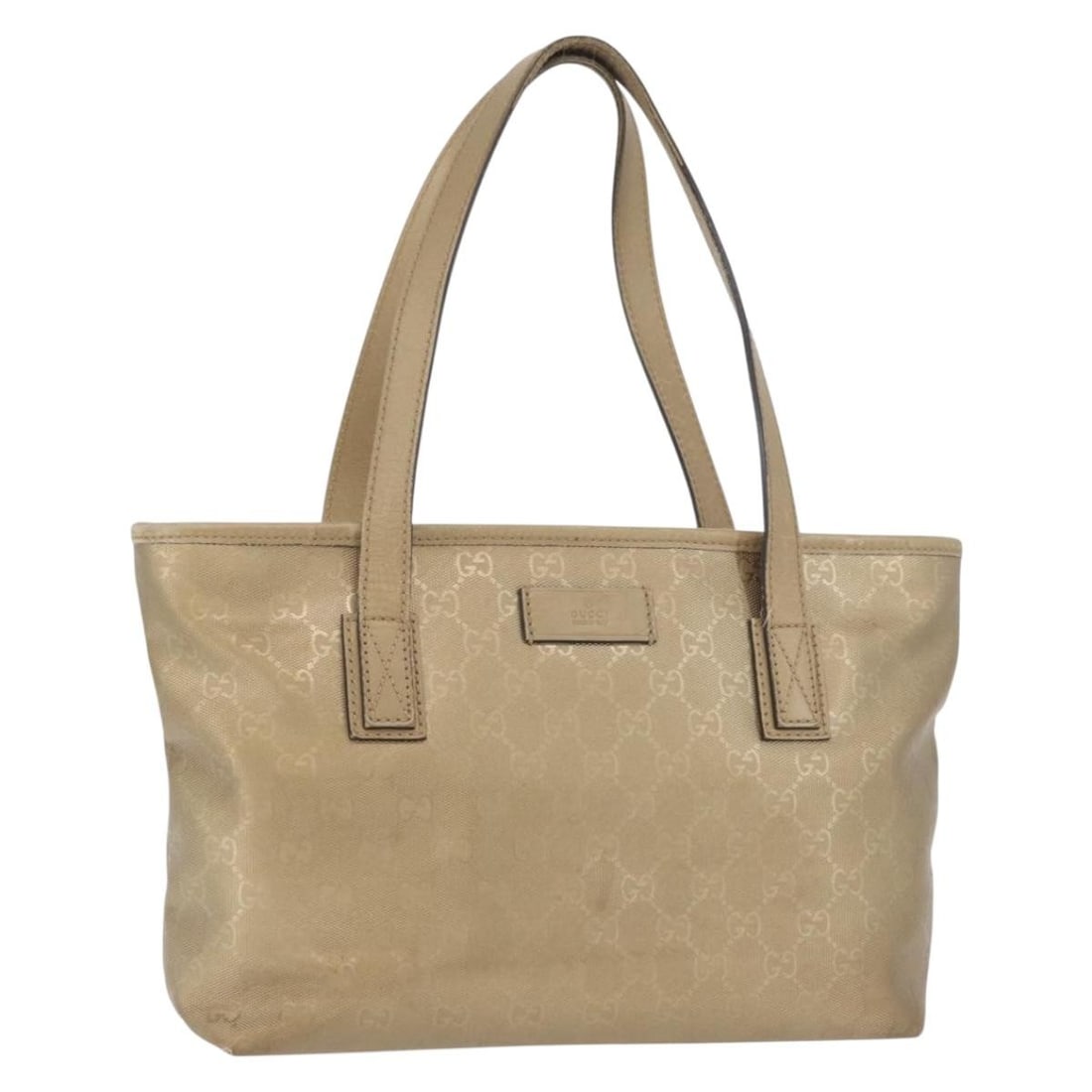 Gucci 211138 GG Canvas PVC Leather Gold Tote Bag: Gucci 211138 GG Canvas PVC Leather Gold Tote Bag A Gucci tote bag crafted in PVC leather and GG canvas with a gold exterior. Made in Italy, this women's bag measures approximately 11.0 x 7.1 x 3.1 inc