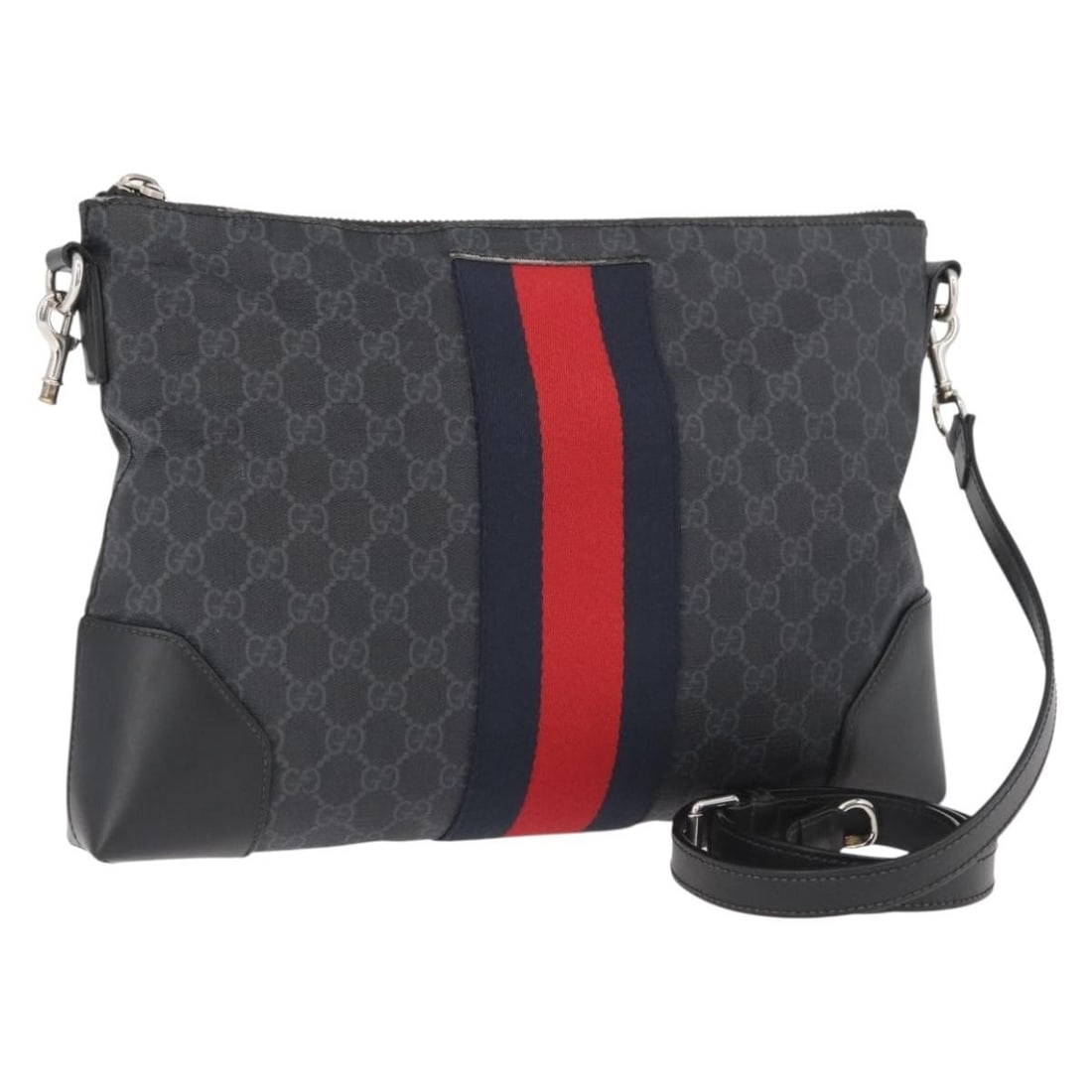 Gucci Sherry Line GG Supreme Black Red Navy Shoulder Bag PVC Leather 474139: Gucci Sherry Line GG Supreme Black Red Navy Shoulder Bag PVC Leather 474139 This is a Gucci GG Supreme Sherry Line shoulder bag in black, red, and navy, crafted from PVC leather and GG canvas. Designe