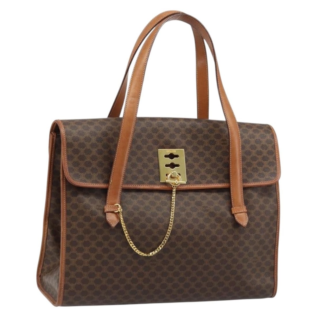 Celine Macadam Brown PVC Leather Tote Bag Gold Accents: Celine Macadam Brown PVC Leather Tote Bag Gold Accents This CELINE Macadam tote bag features a brown and gold exterior crafted from PVC leather and Macadam canvas. Designed for women, it has dual hand