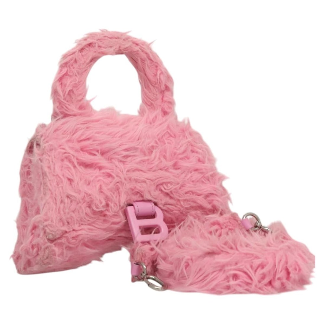 Pink Wool Hourglass Shoulder and Handbag by Balenciaga with Strap: Pink Wool Hourglass Shoulder and Handbag by Balenciaga with Strap This Balenciaga Hourglass hand bag features a distinctive pink wool exterior and can be carried by hand or worn with the included shou
