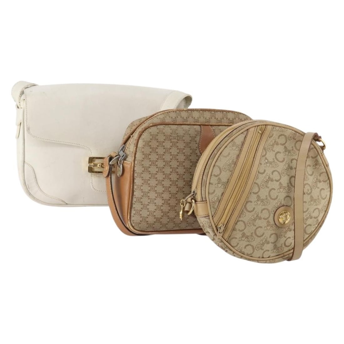 3 Piece Celine Macadam Canvas and PVC Leather Shoulder Bag Set: 3 Piece Celine Macadam Canvas and PVC Leather Shoulder Bag Set CELINE Macadam Canvas C Sulky Bag PVC Leather 3 Set in beige and white. This shoulder bag is made from PVC leather and Macadam canvas. It