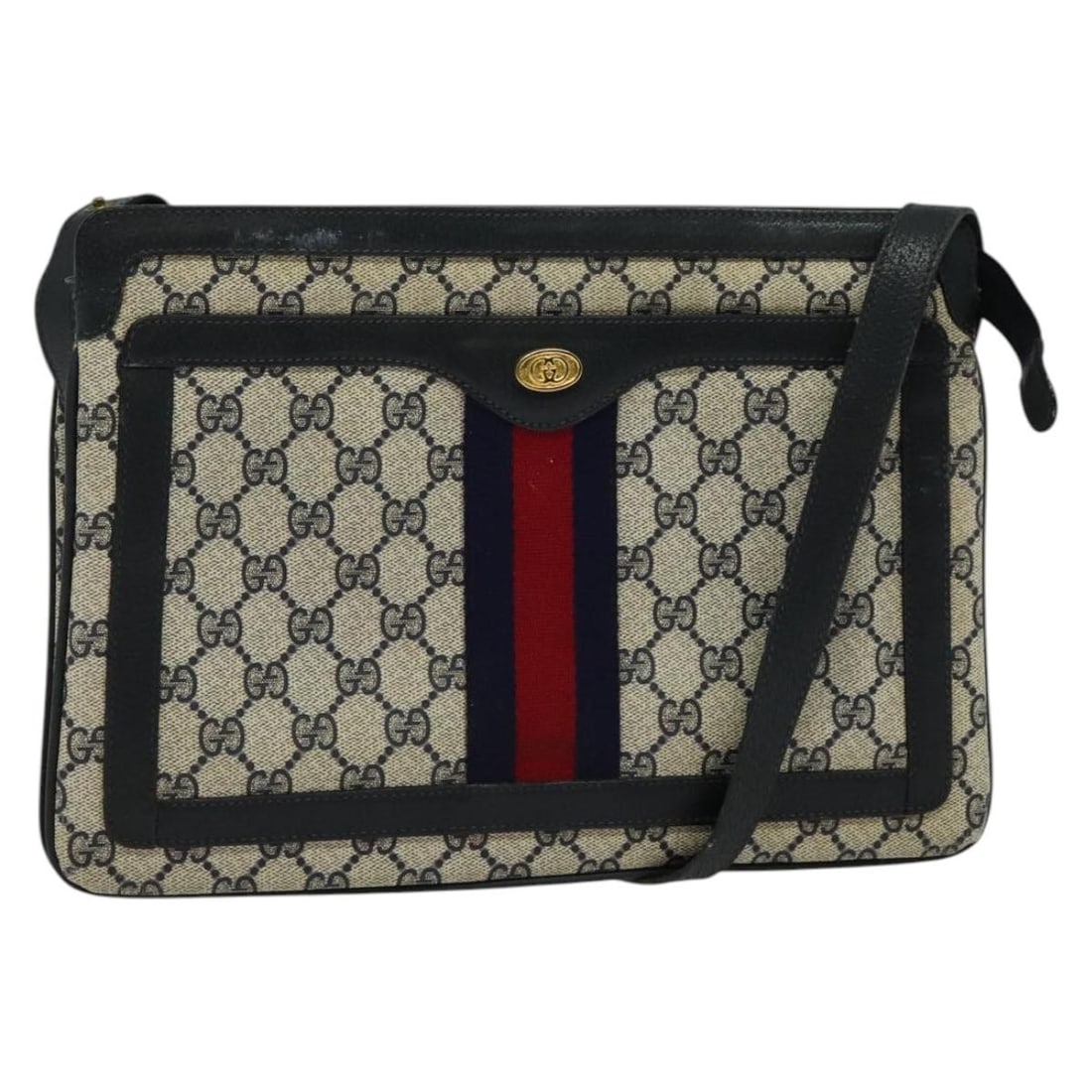 GUCCI GG Supreme Sherry Line Shoulder Bag Navy Gold PVC 41 02 013: GUCCI GG Supreme Sherry Line Shoulder Bag Navy Gold PVC 41 02 013 This authentic GUCCI GG Supreme Sherry Line Shoulder Bag is crafted from durable PVC leather in a sleek navy and gold color scheme. Wi